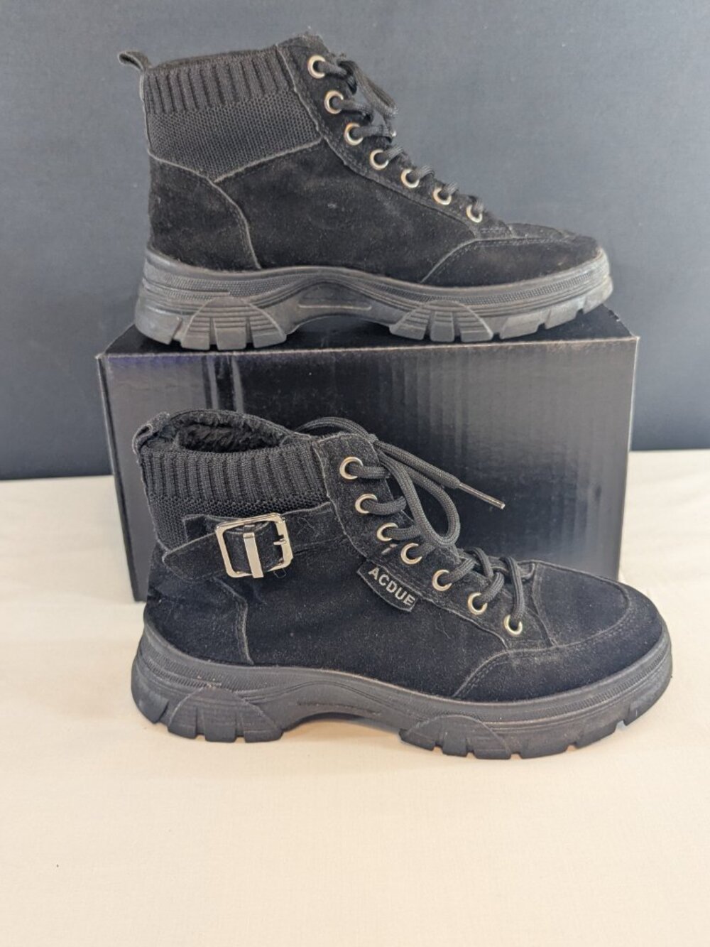 ACGUE boots Womens  BlackFaux Leather fur lined Ankle Hiking Vtg Style SIZE 7